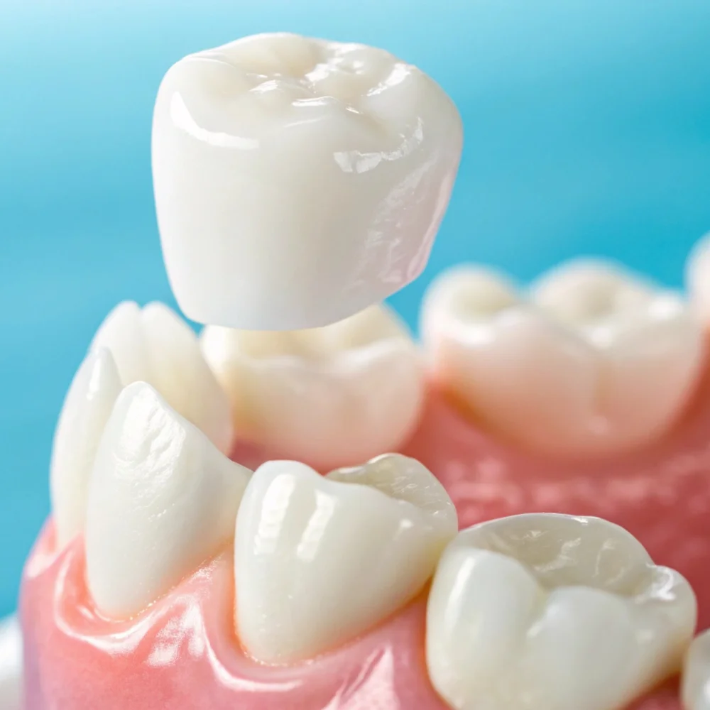 Dental crown being positioned over a prepared tooth during restorative treatment at Hanlon Creek Dental in Guelph.